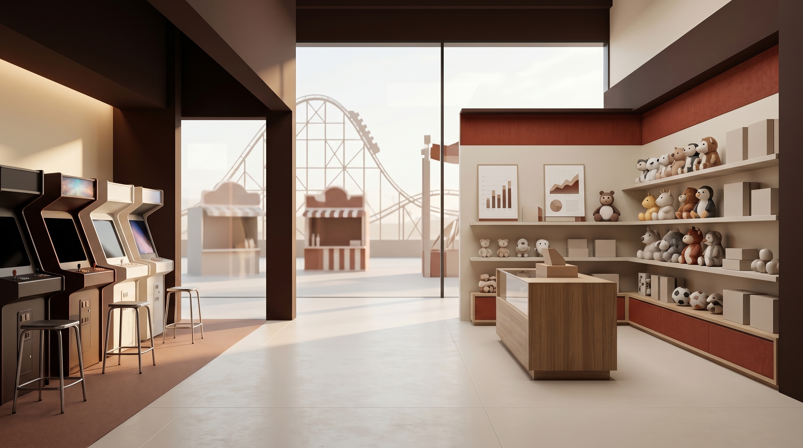 Editorial wide-angle interior of a redemption-channel environment with neutral props and warm directional light, shot in a restrained cream and deep-burgundy palette with no people or visible logos.